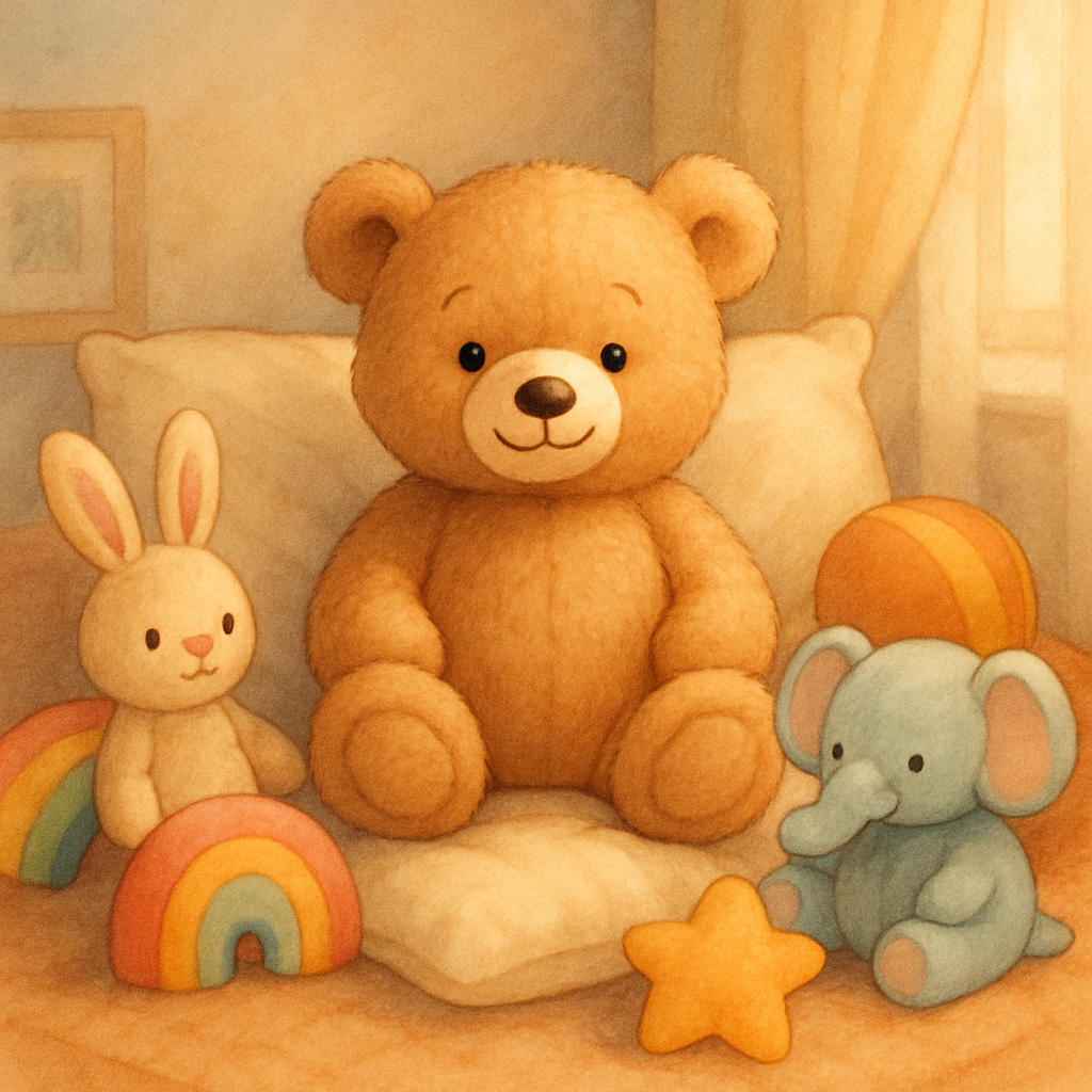 A cute teddy bear sitting on a soft pillow