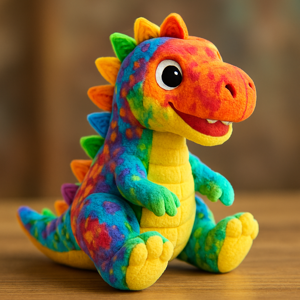 A colorful dinosaur plush toy